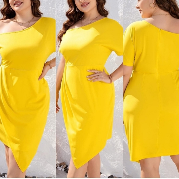 KOJOOIN Women Yellow Plus Size Off The Shoulder Ruched Bodycon Dress Size 4X NWT - Picture 4 of 12
